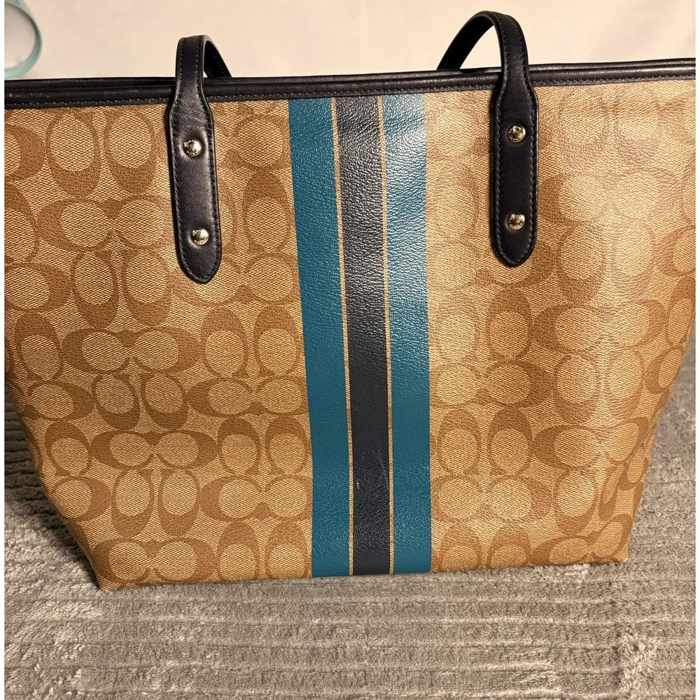 Coach Tote Bag Womens Large Tan Good Signature Canvas Varsity Stripe Gallery